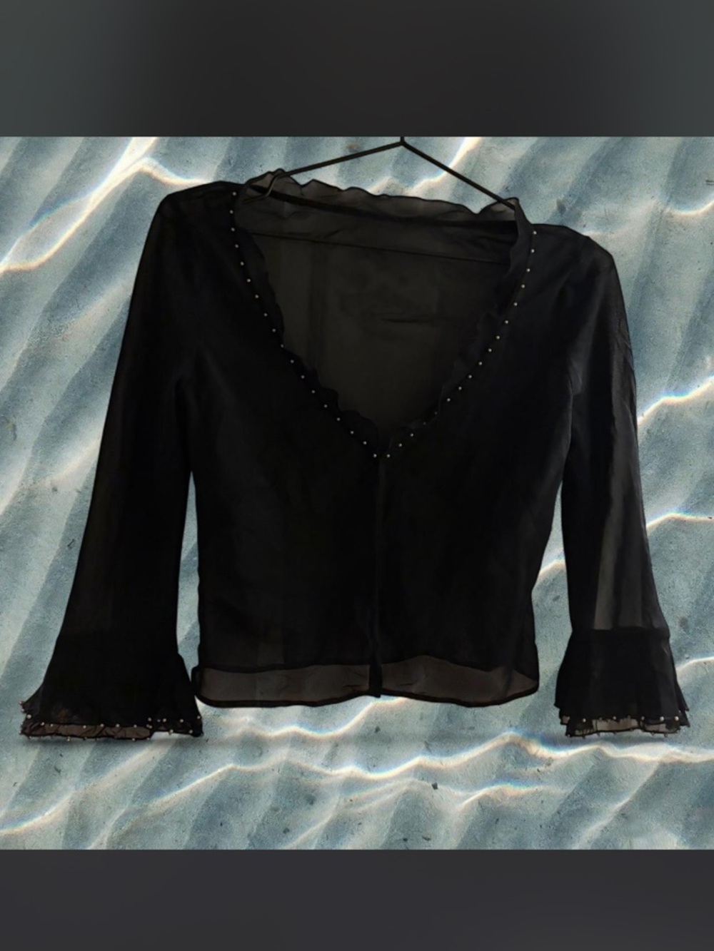 Sheer Black V-Neck Women's Top with ruffle Trim and pearl beads